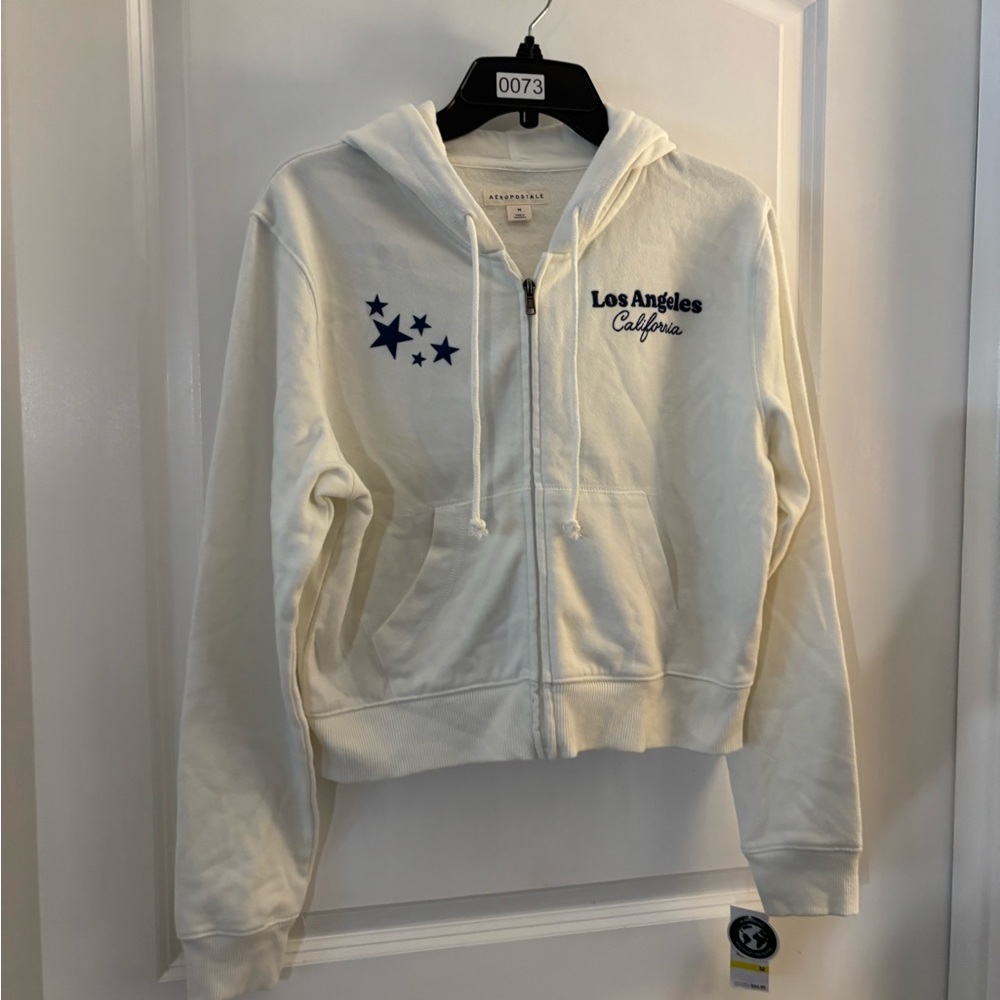 Aeropostale Los Angeles California Cream Zip Hoodie with Navy Star Accents Sz M